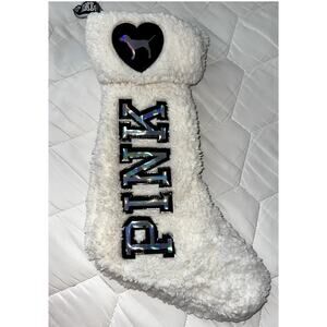 Victoria Secret Pink White Faux Fur Sherpa Black Silver Logo Christmas Stocking